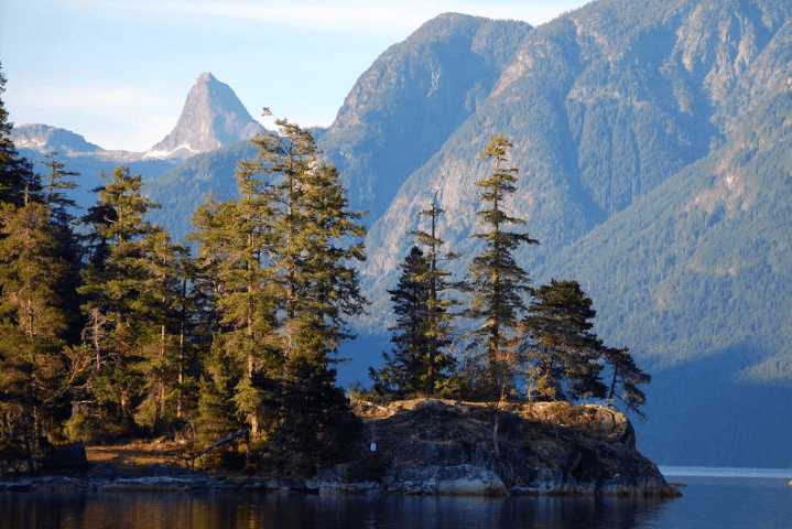 A boat near a mountain on San Juan Island